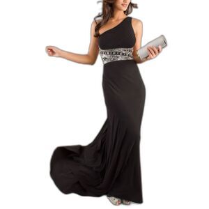 Betsy & Adam Black One Shoulder Long Formal Gown with Silver Bead Detail Size 6